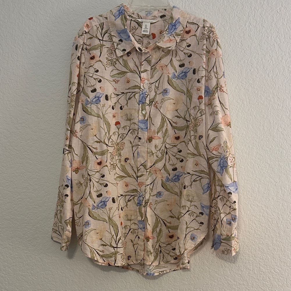 H&M Blush Floral Button-Up Shirt with Blue & Green Accents